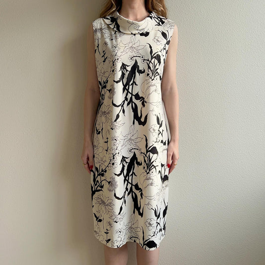 1960s Black and White Floral Print Mod Dress (L/XL)