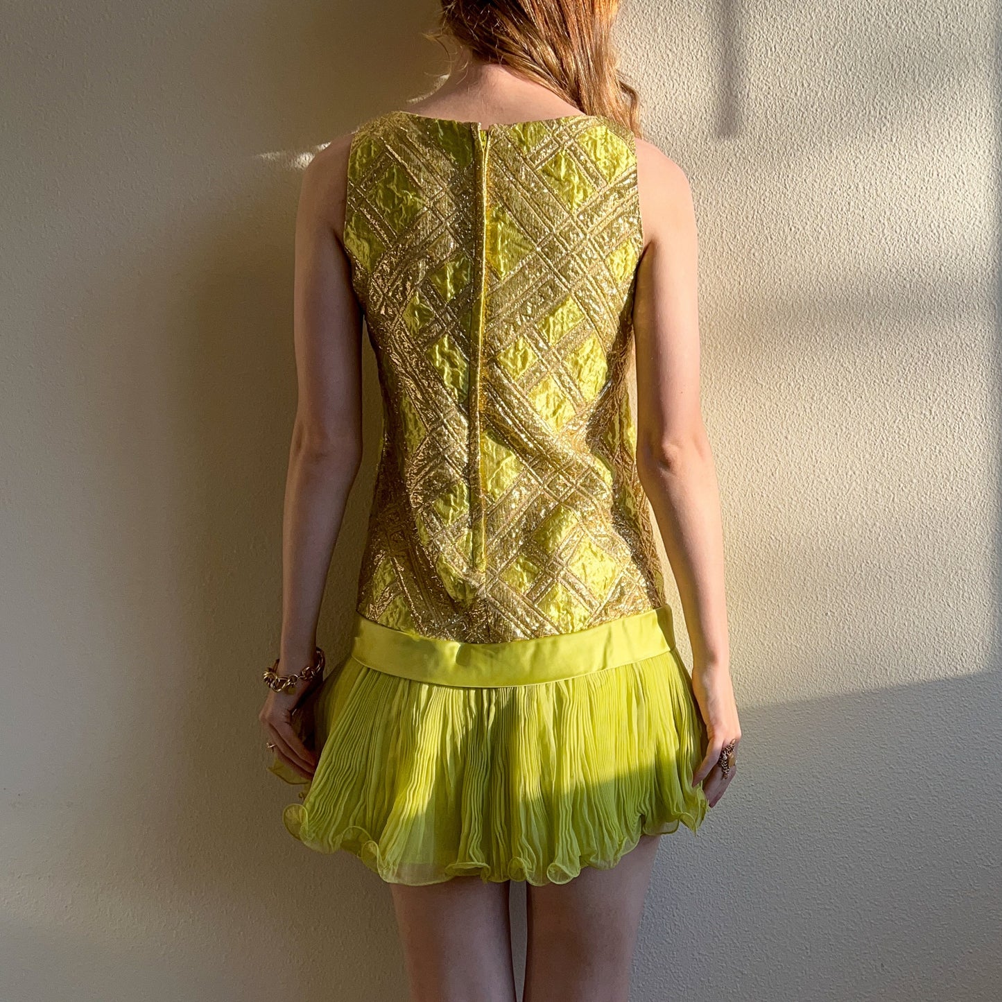 1960s Deadstock Chartreuse and Gold Mini Dress (XS/S)