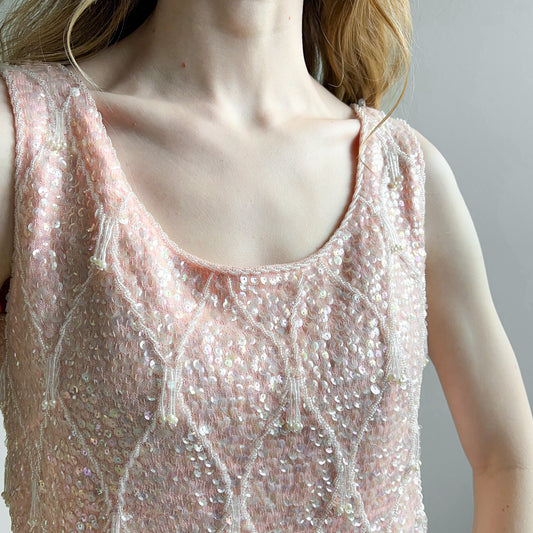 1960s Pink Sequined and Beaded Wool Tank Top (M/L)