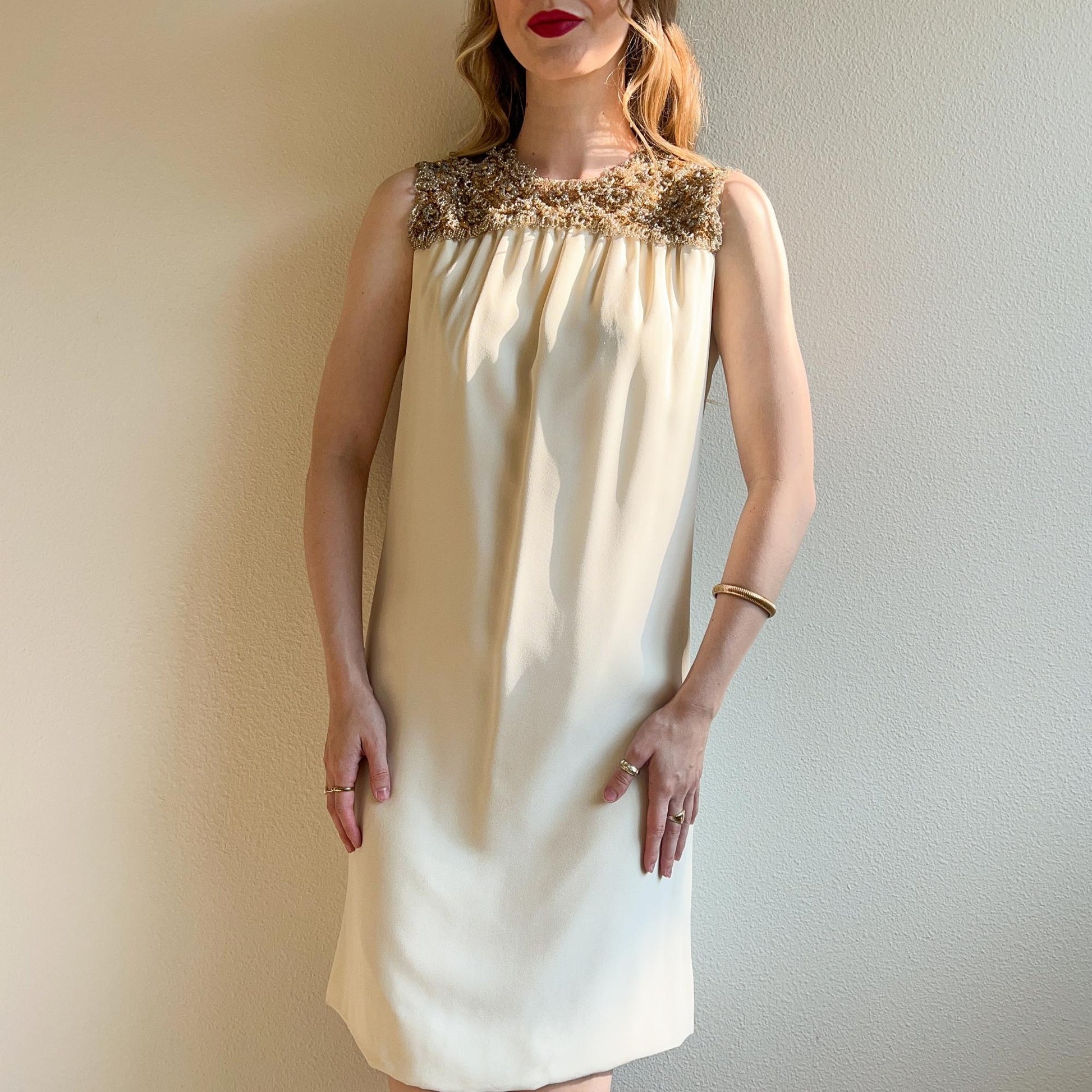 1960s White Shift Dress With Gold Beading (S/M) Studio Gloria Vintage 1960s White Shift Dress With Gold Beading (S/M) Studio Gloria Vintage
