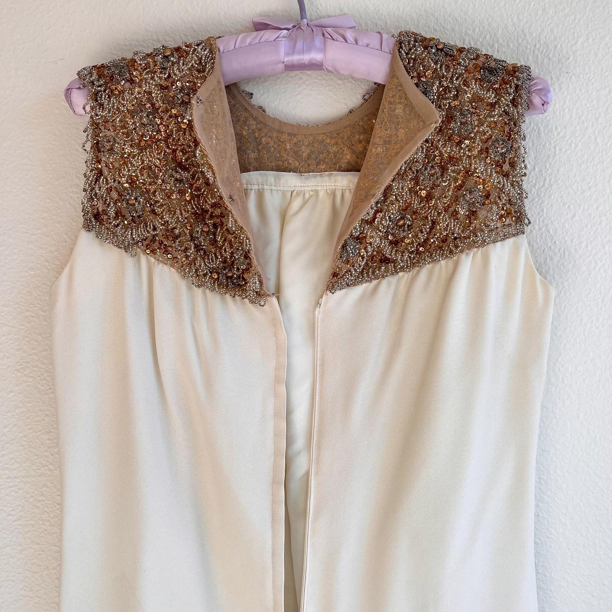 sixties white dress 1960s White Shift Dress With Gold Beading (S/M) – Studio Gloria Vintage
