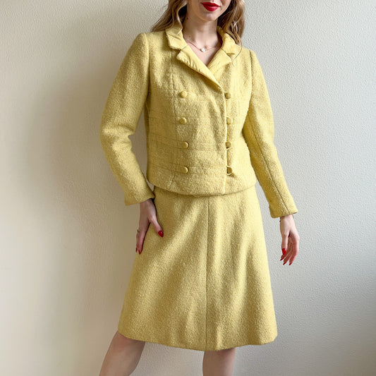 1960s Pale Yellow Wool Jacket and Skirt Suit (S/M)