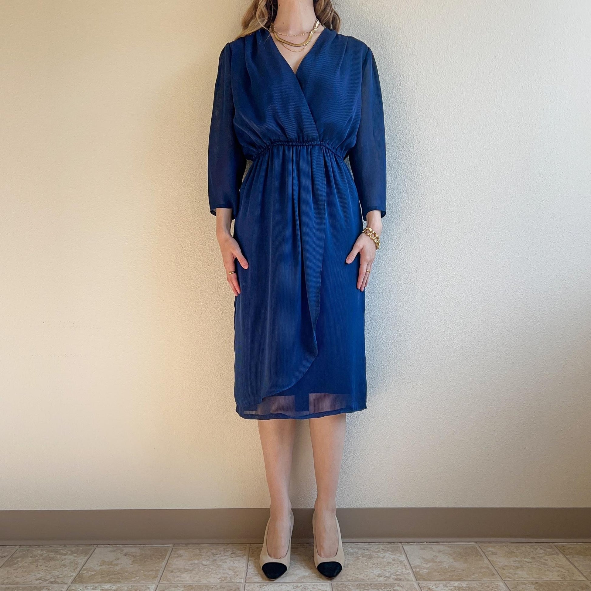 1970s Blue Chiffon Faux Wrap Dress (S/M) Studio Gloria Vintage 1970s Blue Chiffon Faux Wrap Dress (S/M) Studio Gloria Vintage