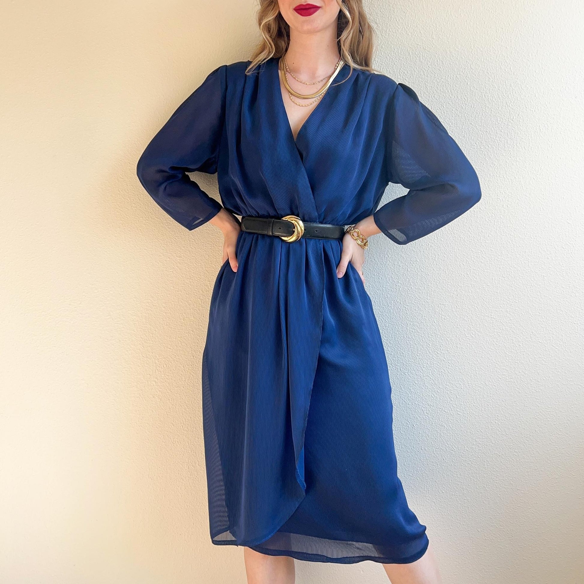 1970s Blue Chiffon Faux Wrap Dress (S/M) Studio Gloria Vintage 1970s Blue Chiffon Faux Wrap Dress (S/M) Studio Gloria Vintage