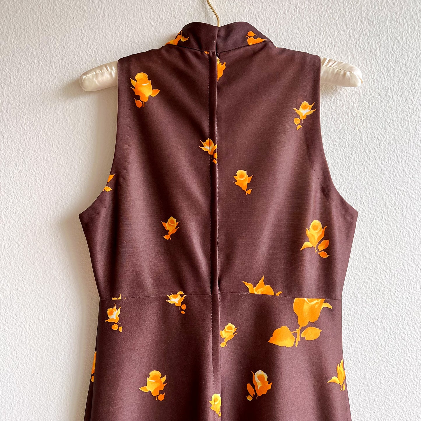 1970s Brown and Orange Roses Maxi Dress (M)