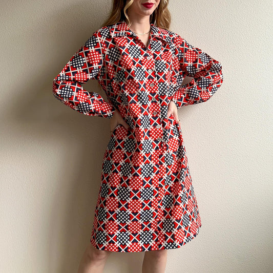 1970s Bright Red and Blue Abstract Pattern Dress (L/XL)