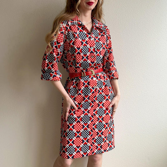 1970s Bright Red and Blue Abstract Pattern Dress (L/XL)