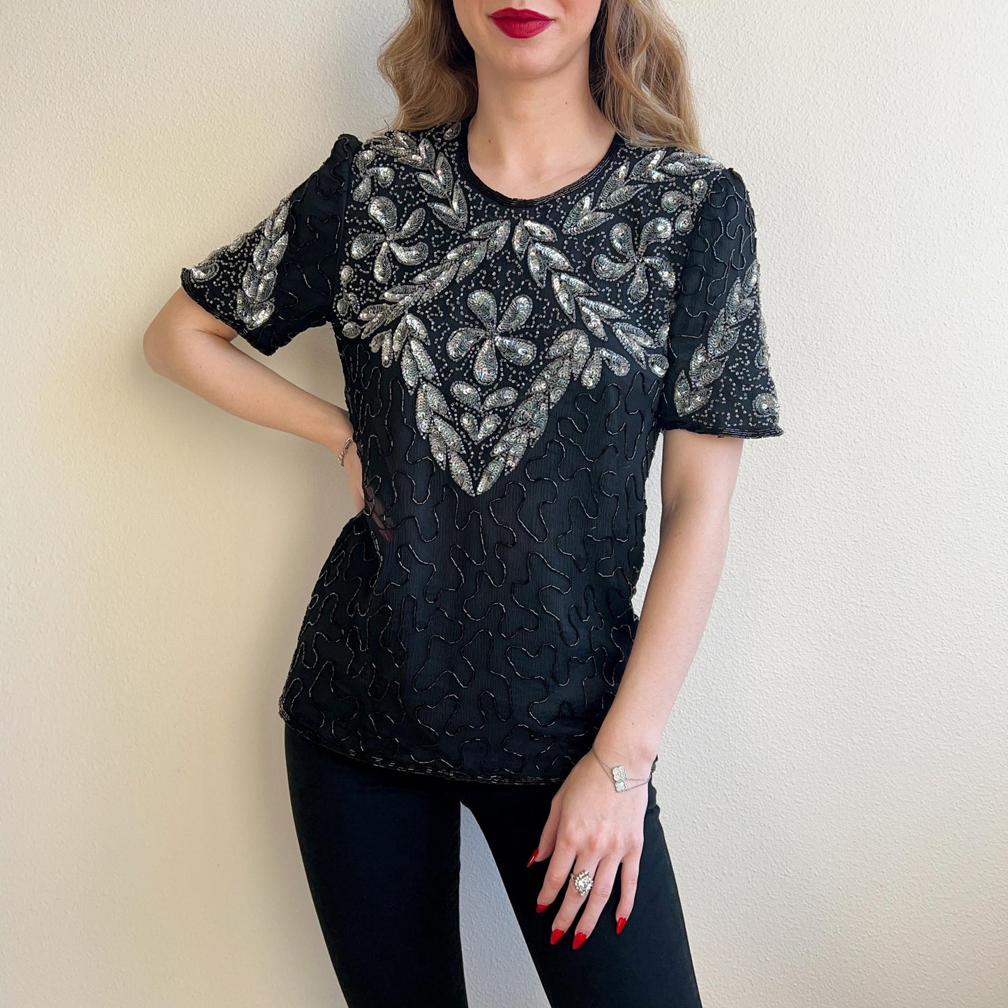 1980s Black Beaded Blouse With Silver Sequins (S/M)