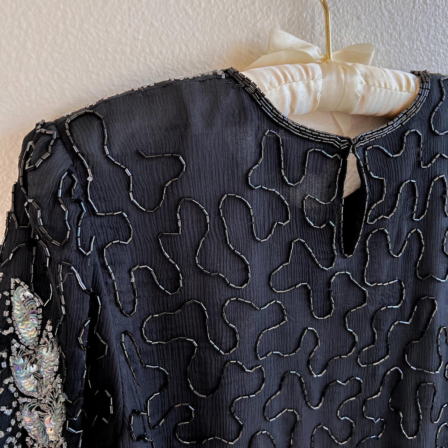 1980s Black Beaded Blouse With Silver Sequins (S/M)
