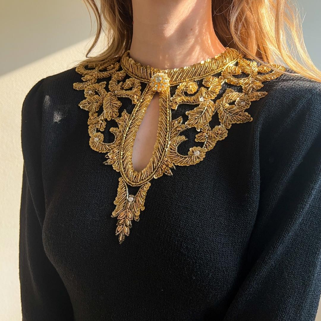 1980s Black Knit Dress With Gold Embellishments (M/L)