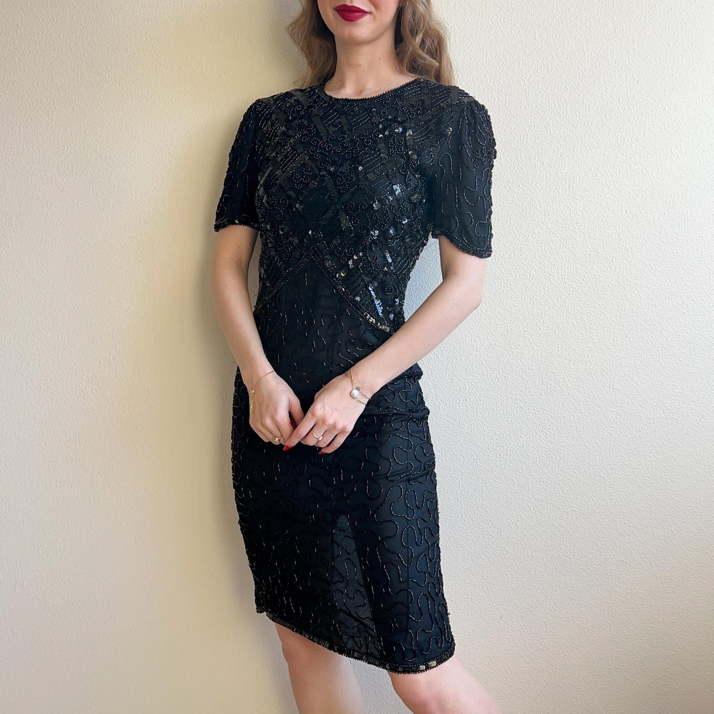 1980s Black Sequined Dress With Cut Out (XS/S)