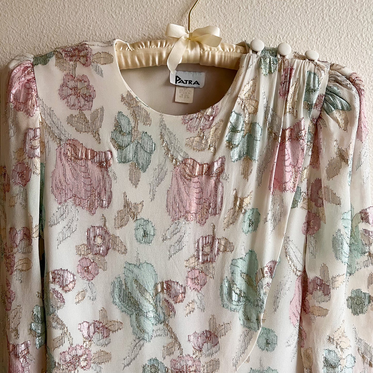 1980s Metallic Pink and Blue Floral Blouse (M/L)
