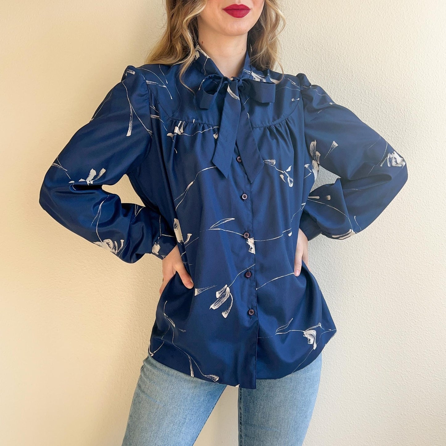 1990s Blue Abstract Print Blouse (L/XL)