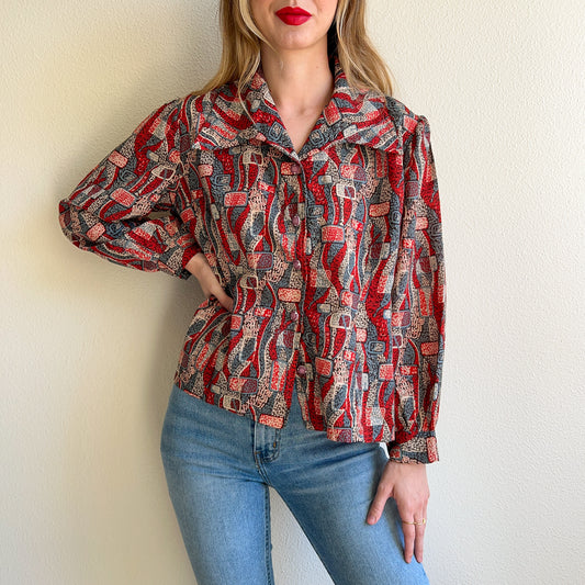 1970s Red Abstract Novelty Print Top (M/L)