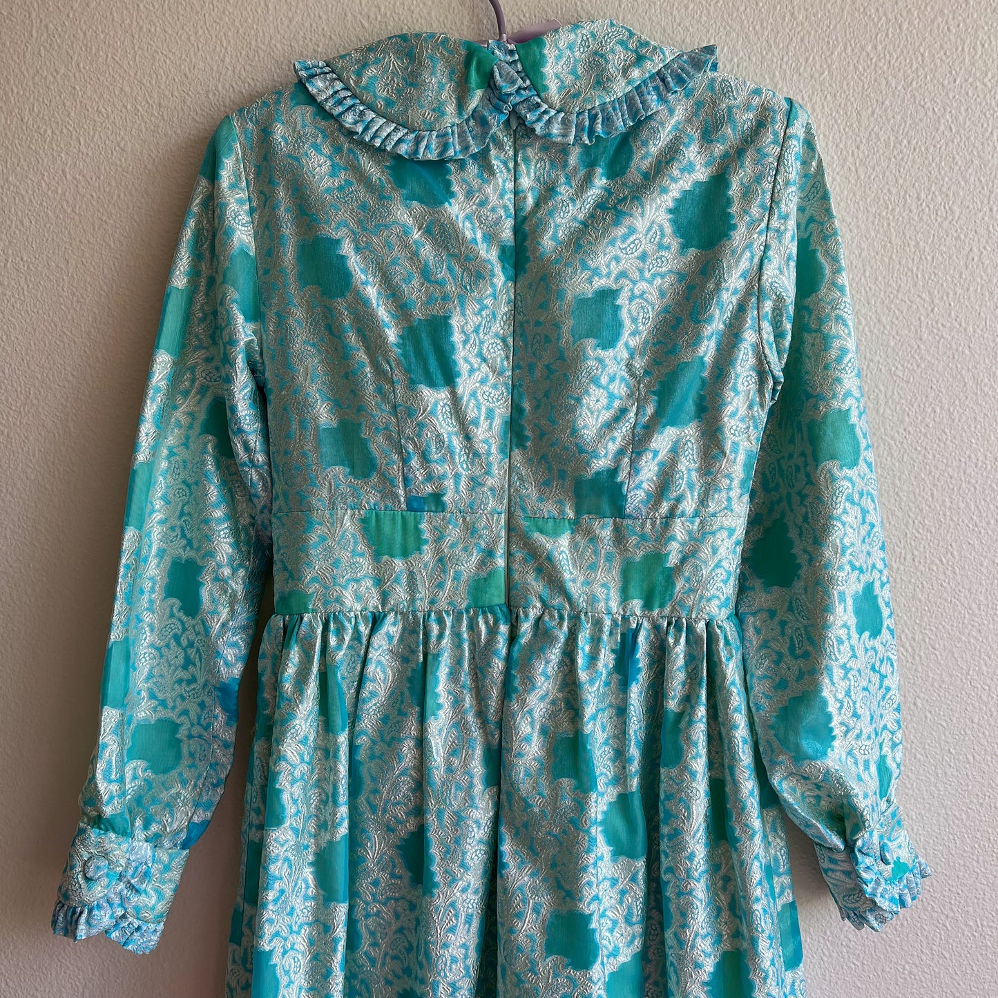 1970s Turquoise Maxi Dress With Silver Paisley Pattern (XS)