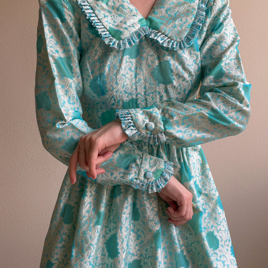 1970s Turquoise Maxi Dress With Silver Paisley Pattern (XS)