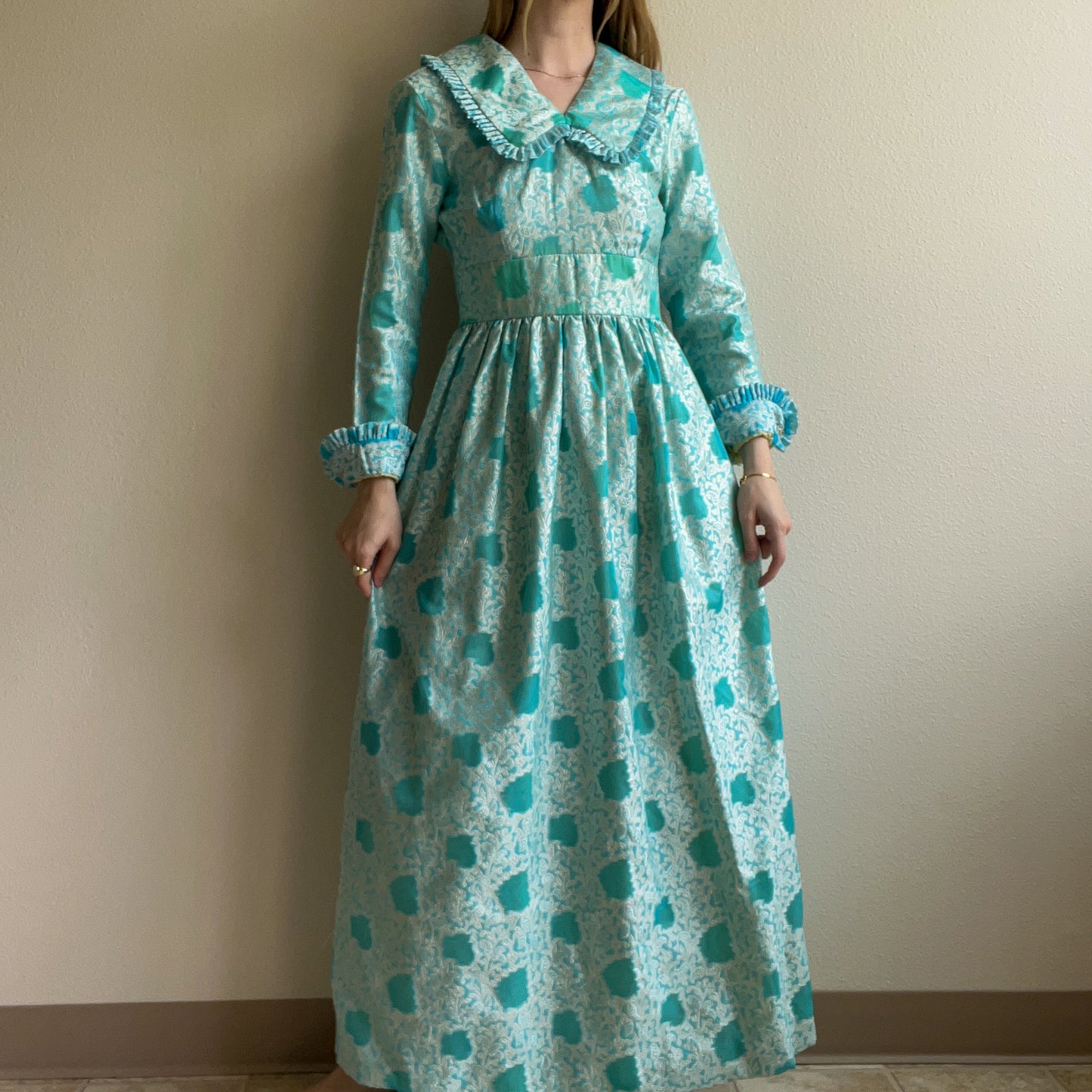 1970s Turquoise Maxi Dress With Silver Paisley Pattern (XS)