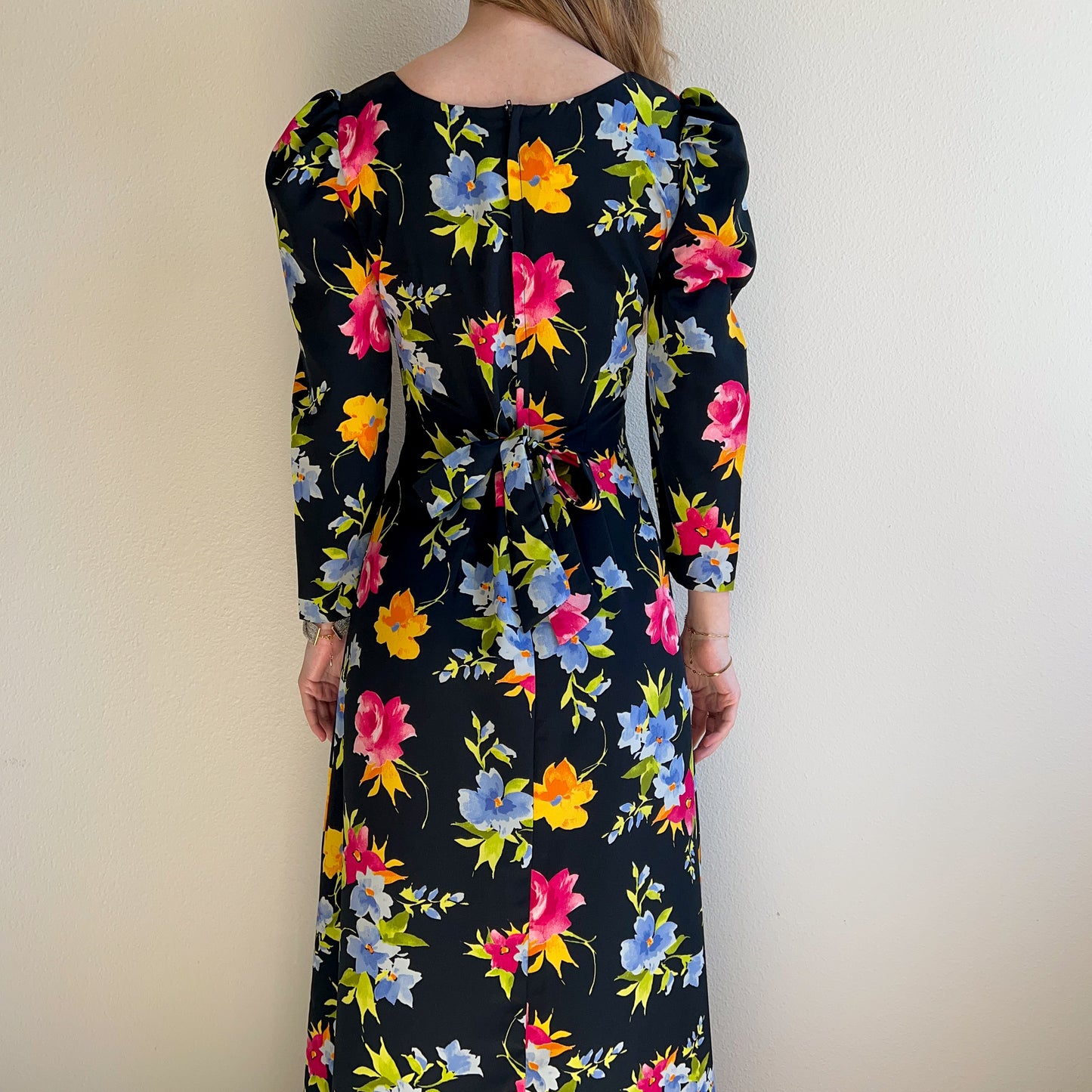 1990s Bright Floral Print Midi Dress (XS/S)