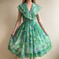 1950s Green Floral Chiffon Party Dress (XS/S)