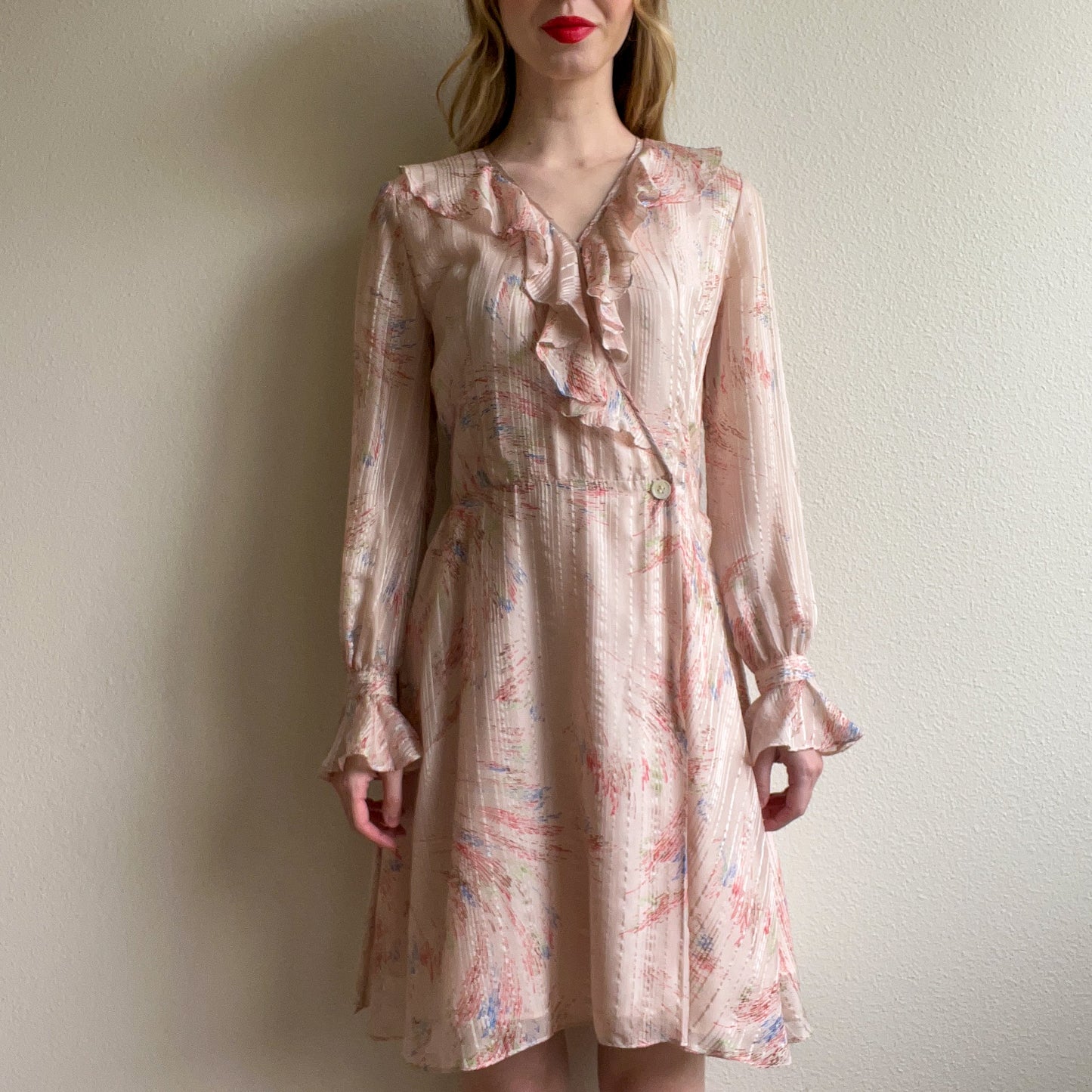 Vintage Ruffled Wrap Dress With Abstract Print (M)
