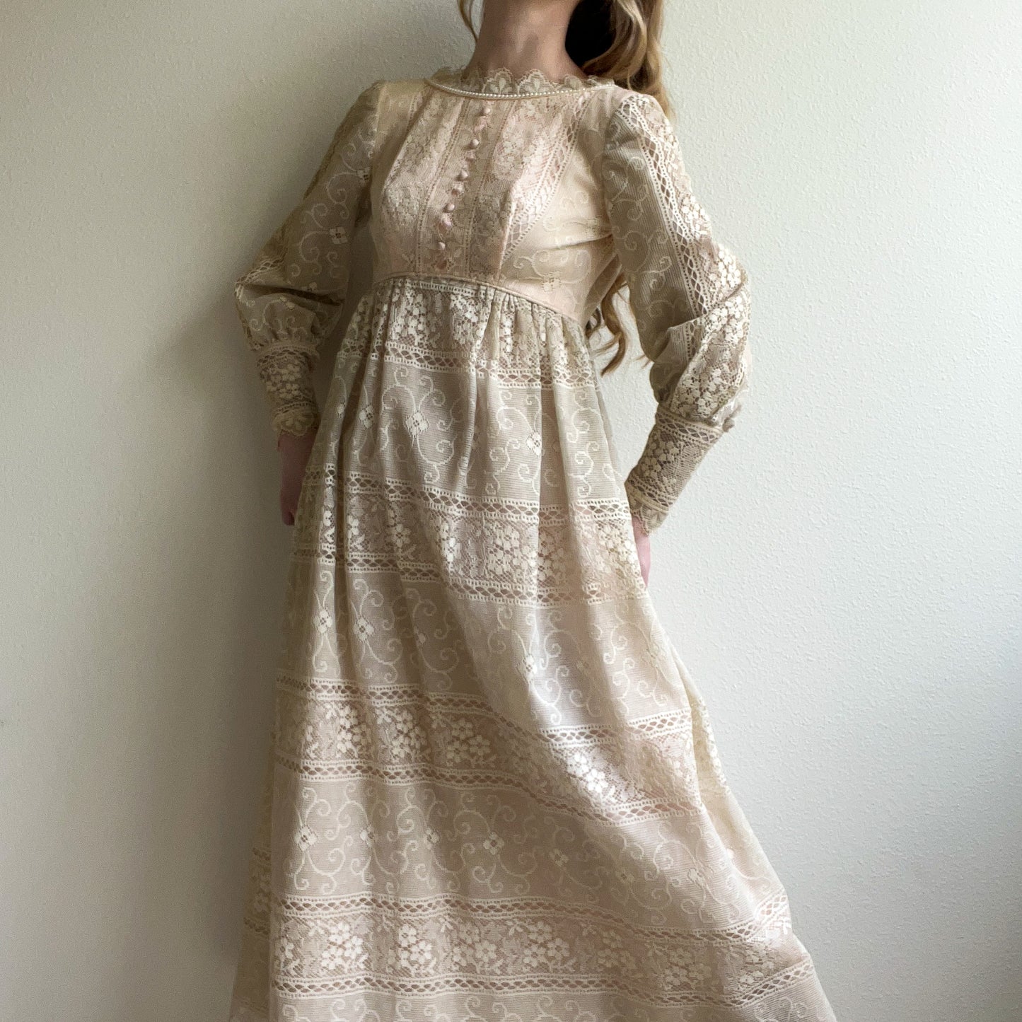 1970s Emma Domb Cream Lace Midi Dress (XS)